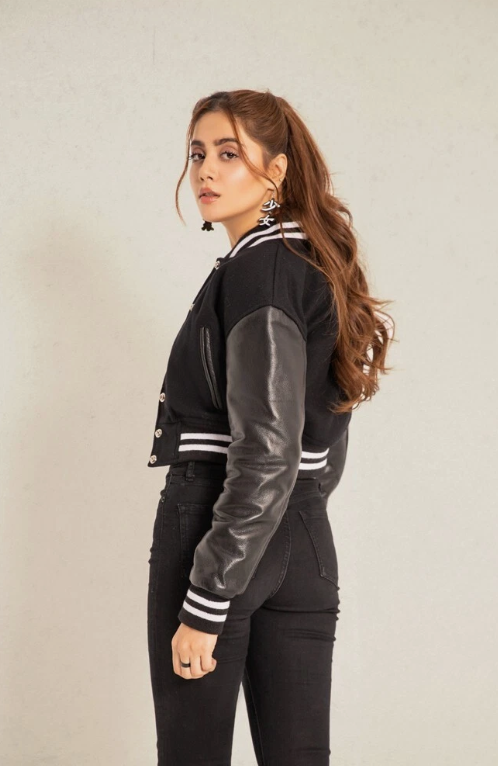 Cropped Jacket Varsity Letterman Crop Jackets for Women Wool Body Leather Sleeve