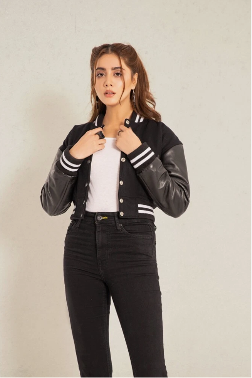 Cropped Jacket Varsity Letterman Crop Jackets for Women Wool Body Leather Sleeve