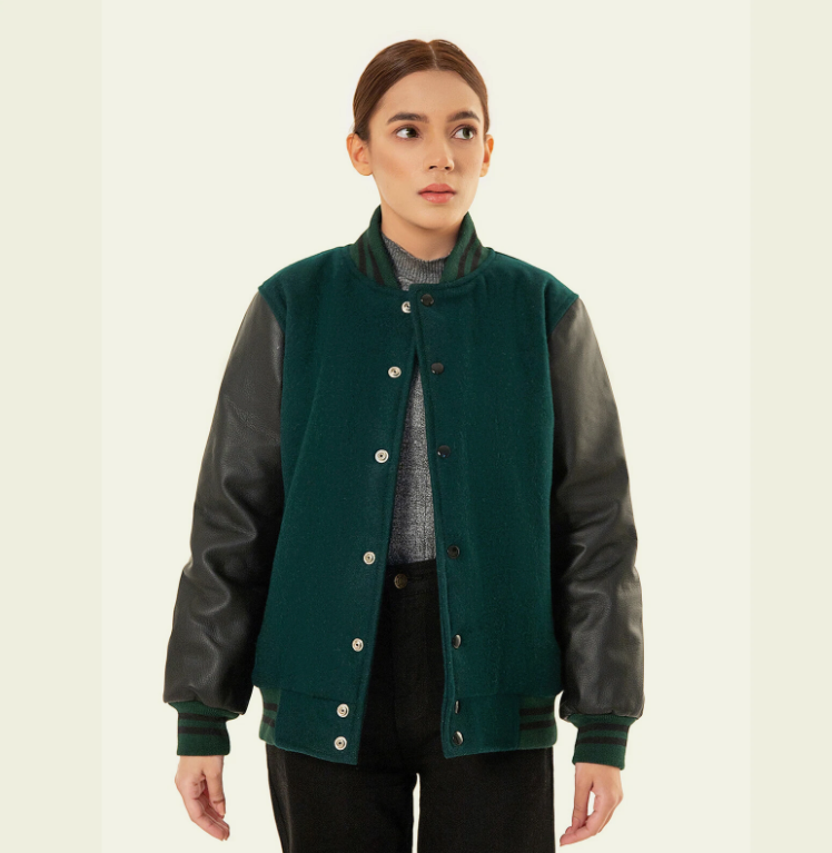 Unisex Varsity Jacket Baseball Letterman Jackets Wool Body Genuine Leather Sleeve