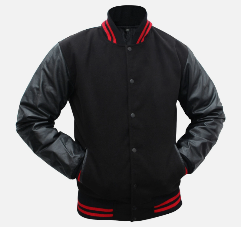 Black varsity jacket with red accents on a white background