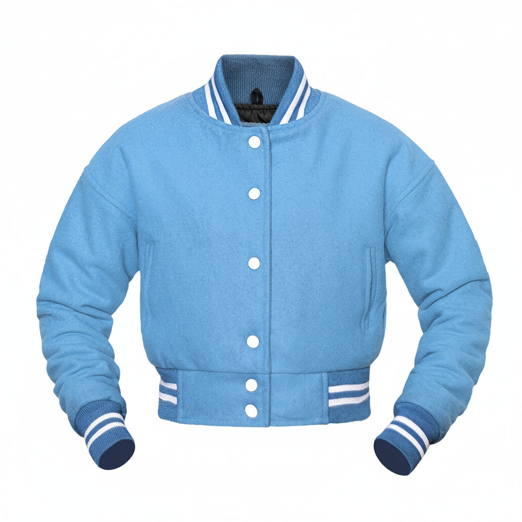 sky blue crop varsity jacket with white buttons and trim on a white background
